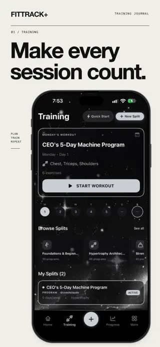 FitTrack+ training screen showing today's split, a Start Workout button and saved programs.