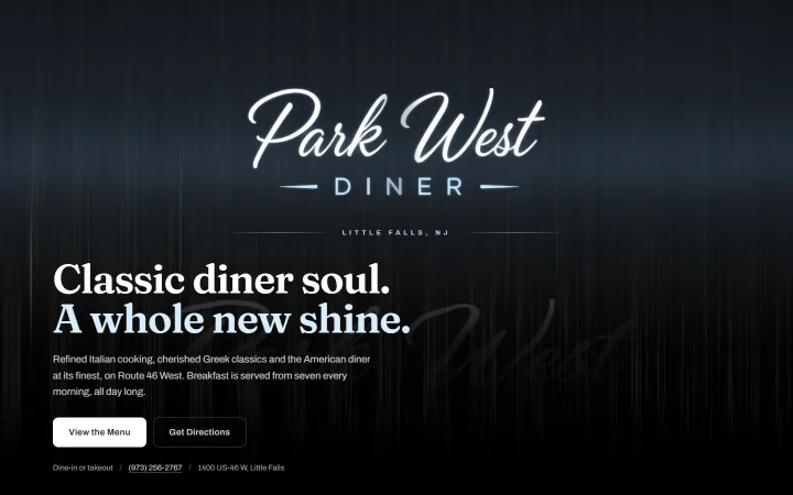 Park West Diner homepage on desktop: the diner's script logo above the line “Classic diner soul. A whole new shine.” with View the Menu and Get Directions buttons.