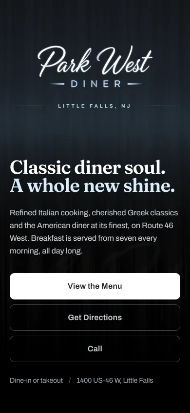 Park West Diner homepage on a phone with full-width View the Menu, Get Directions and Call buttons.